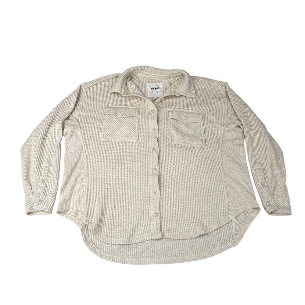 Aerie Womens Waffle Knit Button Down Shirt Shacket‎ Oversized Tan XXS Minimalist